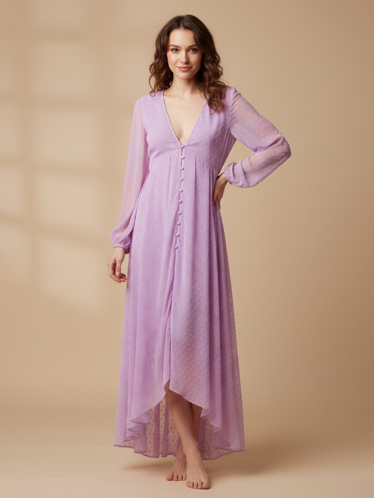 Lilac V-Neck Long-Sleeve Maxi Dress With Covered Buttons